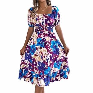 Floral Puff-Sleeve Midi Dress in Blue and Purple